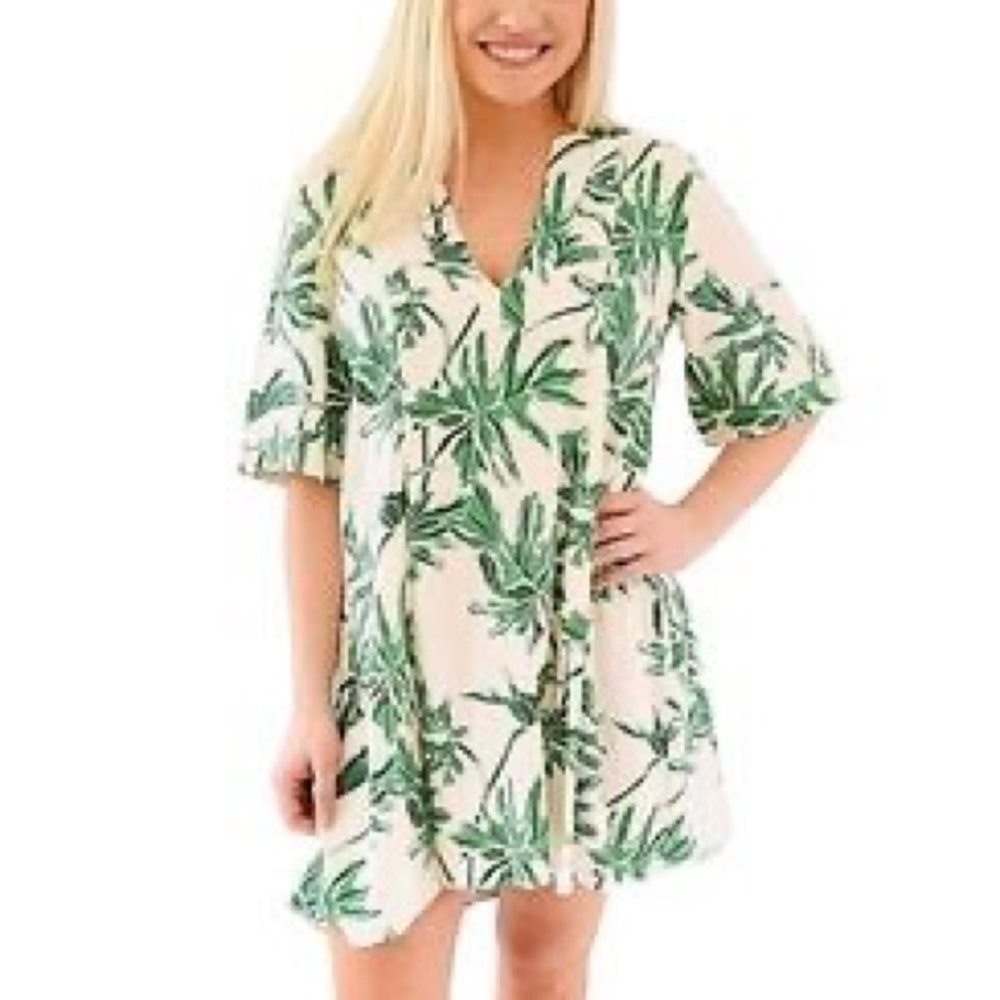 Emily McCarthy Pleated Caftan Rose Jungle Dress green cream leaf women’s XS